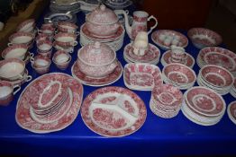 EXTENSIVE QUANTITY OF DINNER WARES BY WOODS IN THE ENGLISH SCENERY DESIGN, PINK PRINTED DESIGN,