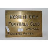 BRASS PLAQUE FOR NORWICH CITY FOOTBALL CLUB REG OFFICES