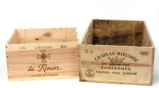 Ch Rieussac 1999 empty wooden Case^ t/w Ch du Rosaire 2014 empty Half Case (2)