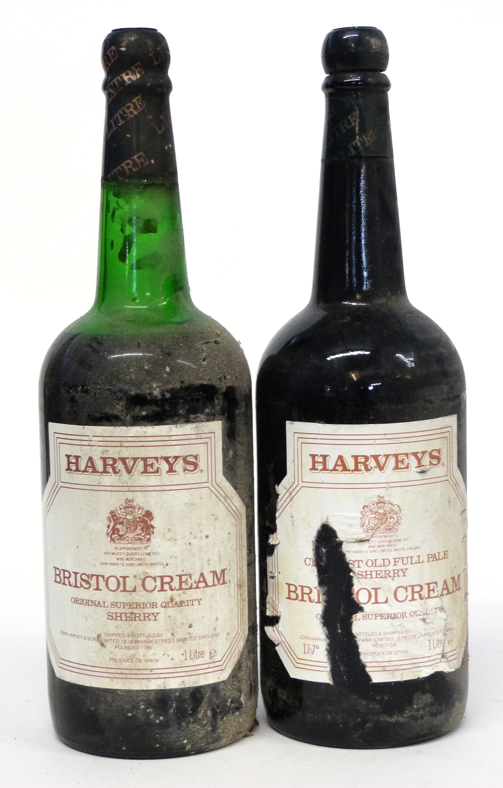 Two vintage 1ltr bottles of Harvey~s Bristol Cream Sherry (2)