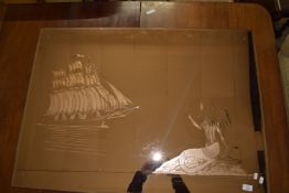 DECORATIVE MIRROR WITH A MERMAID AND A SHIP, APPROX 108 X 77CM