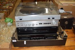 BOX CONTAINING STEREO EQUIPMENT, DISC PLAYER ETC