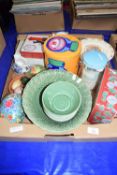 BOX CONTAINING CERAMIC WARES, GLAZED BOWLS, BUNNIKINS PLATE ETC