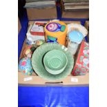 BOX CONTAINING CERAMIC WARES, GLAZED BOWLS, BUNNIKINS PLATE ETC