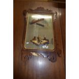 MAHOGANY FRAMED MIRROR WITH SCROLL WORK DECORATION SURMOUNTED WITH A CARVED EAGLE (A/F), APPROX 46 X