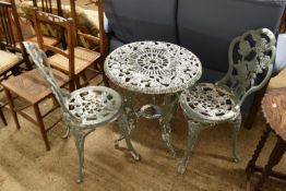 METAL GARDEN TABLE TOGETHER WITH TWO MATCHING CHAIRS, THE TABLE APPROX 56CM DIAM