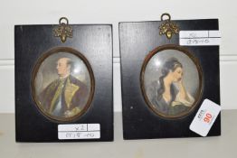 TWO SMALL MINIATURES WITH PRINTS OF 18TH CENTURY LADY AND GENTLEMAN