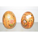 PAIR OF CERAMIC EGGS MODELLED IN CLOISONNE STYLE