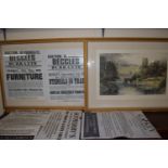 PAIR OF LARGE FRAMED PRINTS DEPICTING WARWICK CASTLE AND A QUANTITY OF AUCTION PRINTED POSTERS