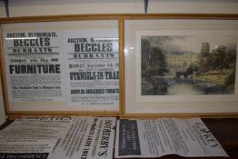 PAIR OF LARGE FRAMED PRINTS DEPICTING WARWICK CASTLE AND A QUANTITY OF AUCTION PRINTED POSTERS