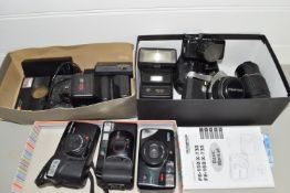 BOX CONTAINING CAMERA EQUIPMENT AND ACCESSORIES INCLUDING OLYMPUS AND PENTAX