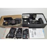 BOX CONTAINING CAMERA EQUIPMENT AND ACCESSORIES INCLUDING OLYMPUS AND PENTAX