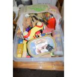 PLASTIC BOX CONTAINING CHILDREN'S BUILDING BRICKS, NODDY CAR ETC