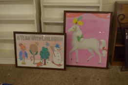 TWO FRAMED COLOURED POSTERS, THE LARGER APPROX 73 X 90CM