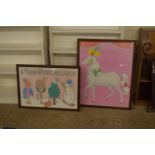 TWO FRAMED COLOURED POSTERS, THE LARGER APPROX 73 X 90CM