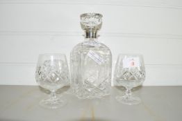 DANISH SILVER NECKED CUT GLASS DECANTER AND TWO GLASSES