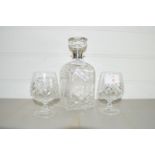 DANISH SILVER NECKED CUT GLASS DECANTER AND TWO GLASSES