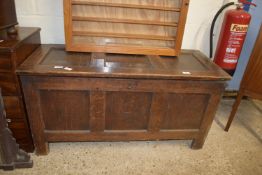 OAK COFFER, RAISED ON STILE FEET, APPROX 107 X 46CM