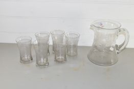 WATERJUG AND SIX GLASSES WITH ENGRAVED FLORAL DESIGN