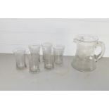 WATERJUG AND SIX GLASSES WITH ENGRAVED FLORAL DESIGN