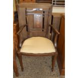 GOOD QUALITY UPHOLSTERED ELBOW CHAIR WITH INLAID DECORATION, WIDTH APPROX 51CM MAX