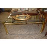 GLASS TOPPED BRASS COFFEE TABLE, APPROX 118 X 59CM