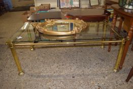 GLASS TOPPED BRASS COFFEE TABLE, APPROX 118 X 59CM