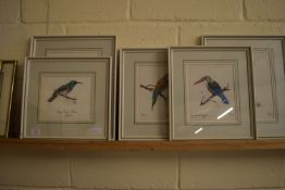 FIVE MODELS OF VARIOUS BIRDS ON FABRIC, ALL SIGNED BY T PEARSON, IN WHITE WOODEN FRAMES