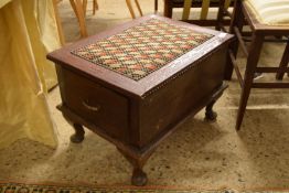 UPHOLSTERED STOOL OR WORK BOX WITH A DEEP DRAWER TO EACH END, APPROX 39 X 51CM