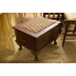 UPHOLSTERED STOOL OR WORK BOX WITH A DEEP DRAWER TO EACH END, APPROX 39 X 51CM