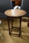 OAK CIRCULAR OCCASTIONAL TABLE RAISED ON JOINTED BARLEY TWIST LEGS, APPROX 50CM DIAM