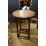 OAK CIRCULAR OCCASTIONAL TABLE RAISED ON JOINTED BARLEY TWIST LEGS, APPROX 50CM DIAM