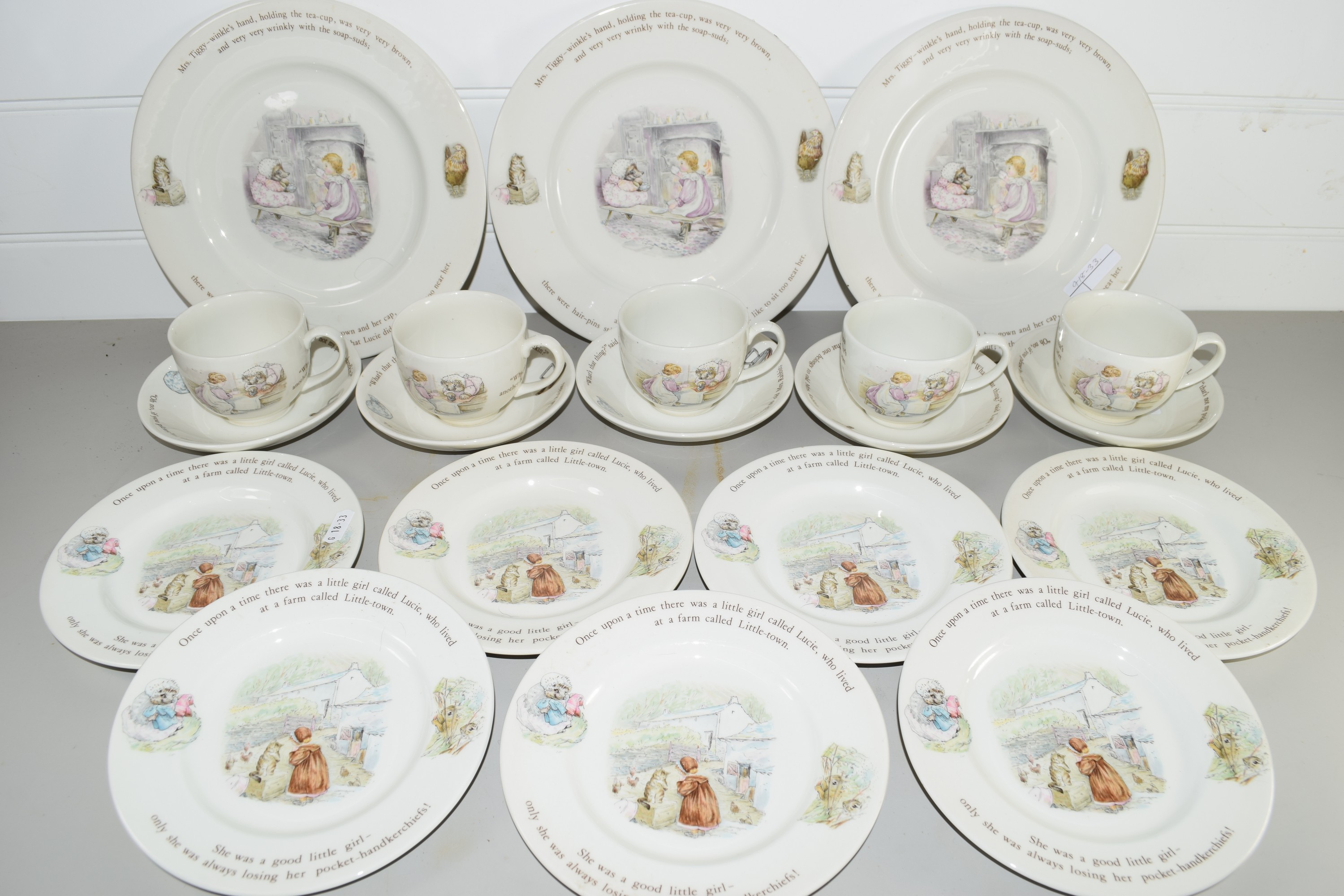 WEDGWOOD BEATRIX POTTER TEA WARES, CUPS, SAUCERS, PLATES, SIDE PLATES ETC