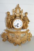 FRENCH STYLE GILT MANTEL CLOCK, THE CYLINDRICAL CLOCK FLANKED BY TWO CHILDREN