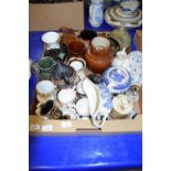 TRAY CONTAINING CERAMICS, WILLOW PATTERN TEA POT ETC