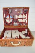 LARGE WICKER PICNIC BASKET WITH INTERIOR OF THERMOS FLASK AND VARIOUS TRAYS BY SIRRAM