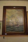 PICTURE OF A SAILING SHIP IN WOODEN FRAME SIGNED F. LOVE 1915