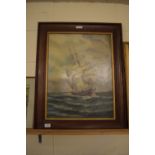 PICTURE OF A SAILING SHIP IN WOODEN FRAME SIGNED F. LOVE 1915