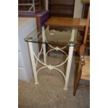 METAL FRAMED GALSS TOP TABLE, APPROX 48CM SQ