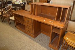 LATE 20TH CENTURY REPRO STYLE ENTERTAINMENT UNIT COMPRISING LONG DESK WITH RAISED RECORD HOLDER,