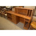 LATE 20TH CENTURY REPRO STYLE ENTERTAINMENT UNIT COMPRISING LONG DESK WITH RAISED RECORD HOLDER,