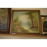 MODERN LANDSCAPE OIL IN WOODEN FRAME SIGNED