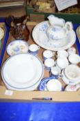 TRAY CONTAINING CERAMIC ITEMS, BLUE AND WHITE, ROYAL COPENHAGEN CUP AND SAUCER AND OTHER WARES