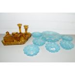 TRAY CONTAINING COLOURED GLASS ITEMS INCLUDING AMBER GLASS DRESSING TABLE SET AND BLUE GLASS BOWLS