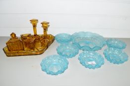 TRAY CONTAINING COLOURED GLASS ITEMS INCLUDING AMBER GLASS DRESSING TABLE SET AND BLUE GLASS BOWLS