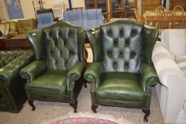 PAIR OF GOOD QUALITY BUTTON BACK LEATHER UPHOLSTERED EASY CHAIRS, EACH APPROX 87CM