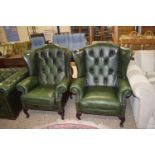 PAIR OF GOOD QUALITY BUTTON BACK LEATHER UPHOLSTERED EASY CHAIRS, EACH APPROX 87CM