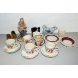 TRAY OF CERAMICS, SMALL ROYAL DOULTON JUG, POTTERY FIGURE ETC