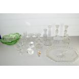 BOX CONTAINING VARIOUS GLASS WARES, PAIR OF CANDLESTICKS, SMALL CUT GLASS BOWLS AND COVERS ETC