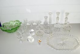 BOX CONTAINING VARIOUS GLASS WARES, PAIR OF CANDLESTICKS, SMALL CUT GLASS BOWLS AND COVERS ETC